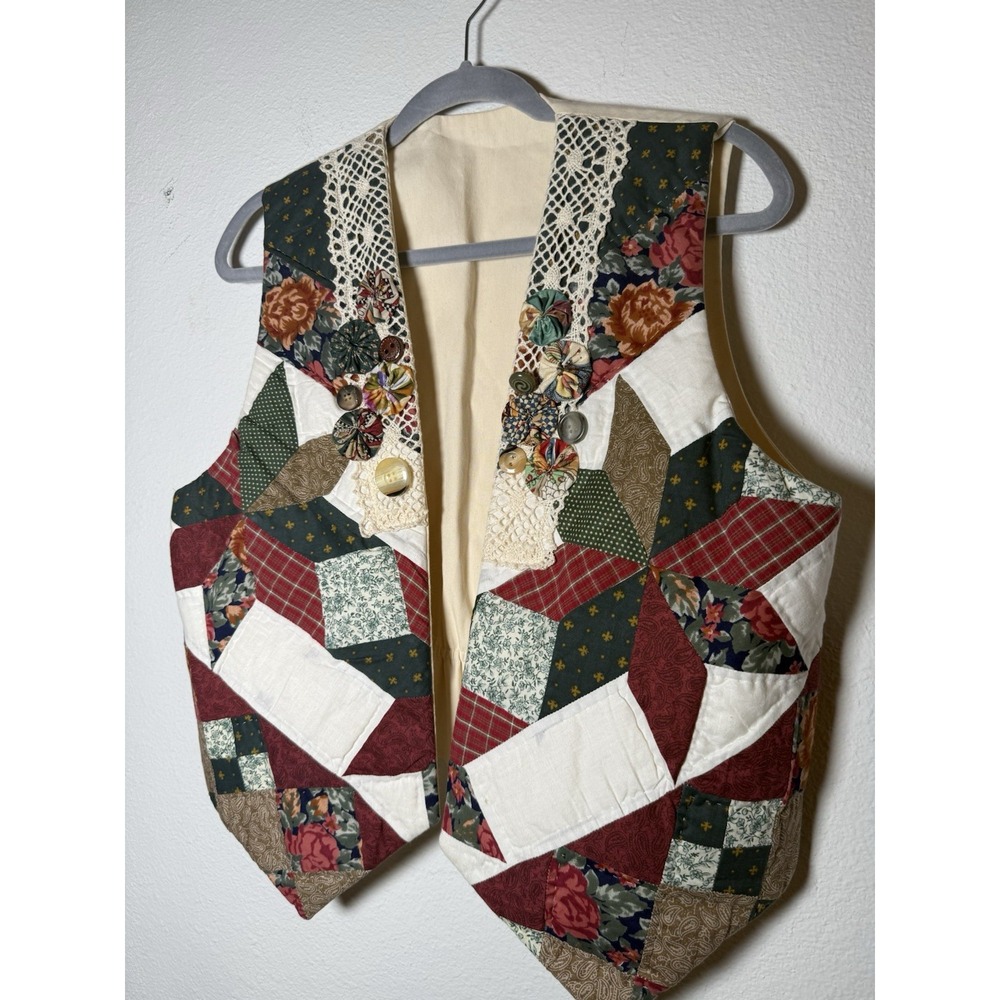 Vintage Quilted Handmade Granny Quilt Patchwork Button Vest Cottagecore - Picture 5 of 11